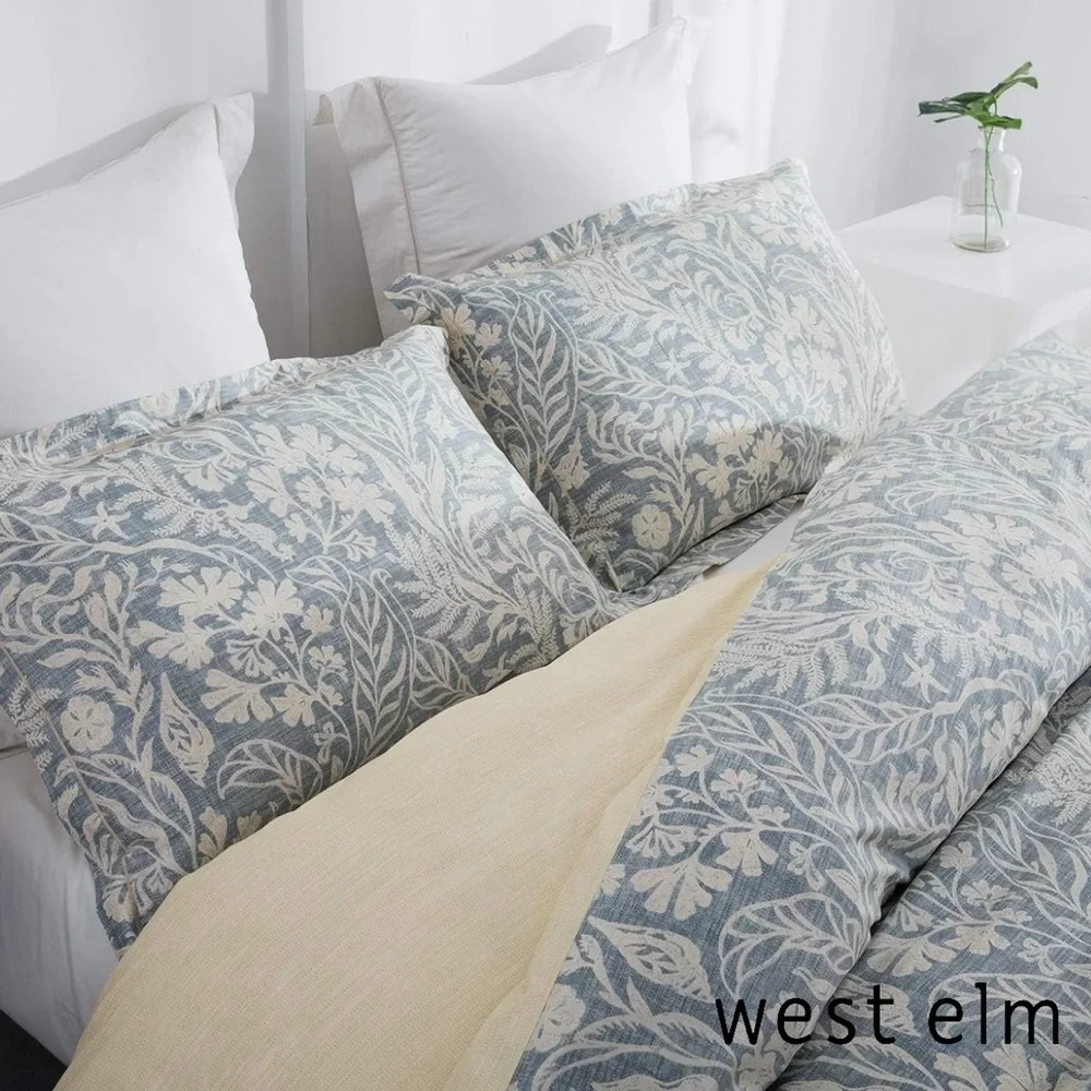 NEW West Elm Blue Cotton Floral Botanical Queen / King Bedding Duvet & Sham Set